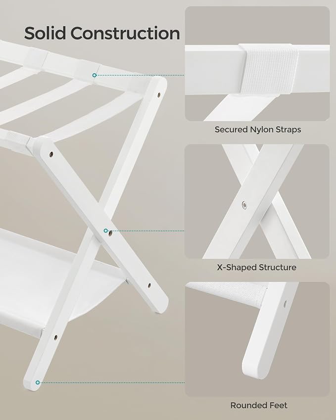 SONGMICS Luggage Rack, Folding Suitcase Stand with Storage Shelf, for Guest Room, Hotel, Bedroom, Heavy-Duty, Holds up to 131 lb, Classic White URLR007W01 - Image 3