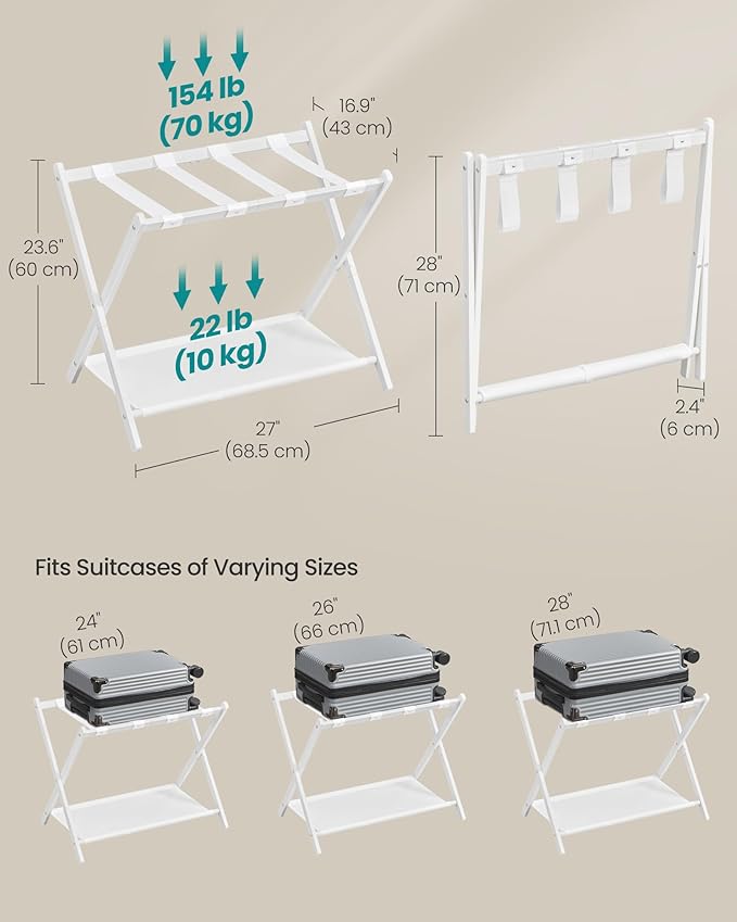 SONGMICS Luggage Racks, Set of 2 Foldable Suitcase Stands, Steel | Storage Shelf, Cloud White, Hotel, Bedroom, URLR003W02 - Image 3
