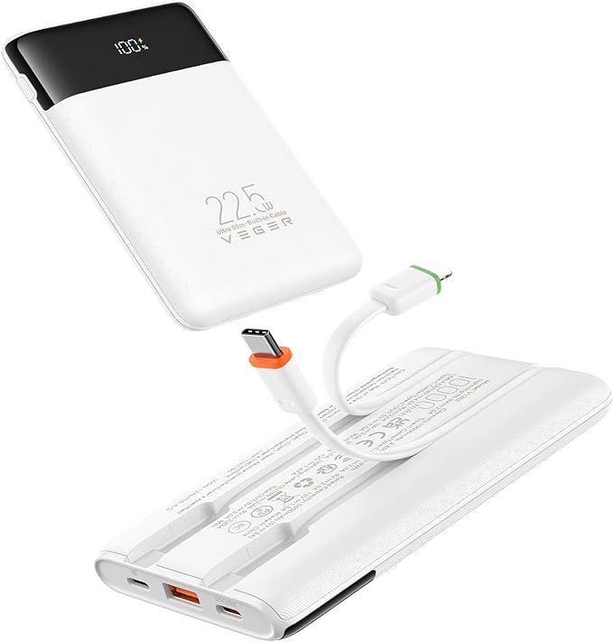 VEGER Portable Charger with Built in Cables, Slim 10000mAh PD 22.5W Fast Charging USB C Power Bank, 4 Outputs 3 Inputs Battery Pack Compatible with iPhone 16 15 14 13 Samsung iPad - Travel Essential