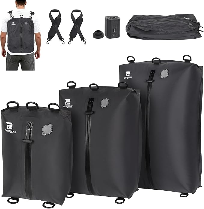 3 Pack Vacuum Bags for Travel with Pump, 3-Size Set Reusable Vacuum Compression Bags for Luggage, Space Saver IP67 Waterproof Vacuum Packing Cubes for Suitcase&Backpack, Black by ESCRODOI-Fromcourttotrailpackinperformance