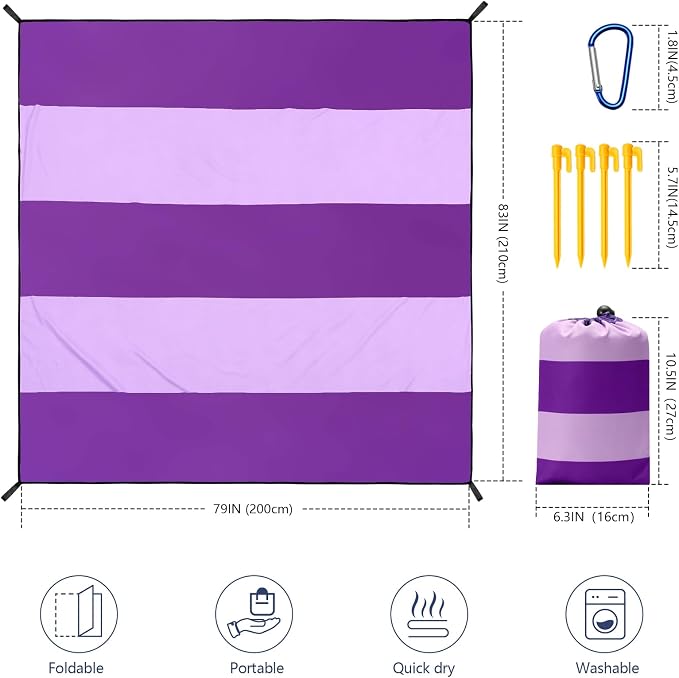 WIWIGO Beach Blanket Waterproof Sandproof Beach Mat 79" X 83"/10'x9'for 2-8 Adults Quick Drying Outdoor Picnic Mat Beach Accessories for Travel, Camping, Hiking - Image 2