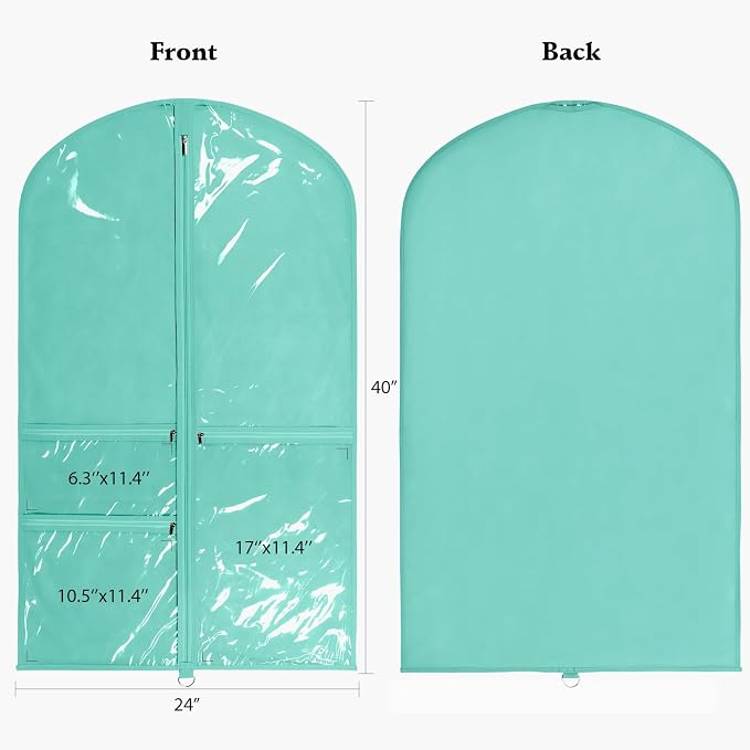 Univivi Dance Costume Bags Garment Bag 40 Inch Hanging Clothes for Dance Competitions, with 3 Medium Clear Zipper Pockets for Dance Costumes, Closet Storage (Green) - 4 Pack - Image 2