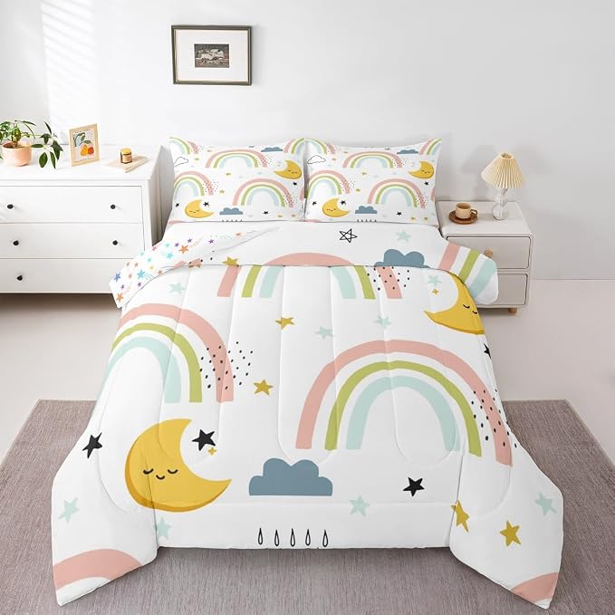 Erosebridal Girls Rainbow Quilt Queen Size, Cute Stras Moon Comforter Set Cartoon Kawaii Bedding Set for Kids Boys Room Decor, Cartoon Rainbow Ripple Duvet Insert Iridescent Girly Down Comforter 3Pcs by Erosebridal