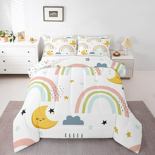 Erosebridal Girls Rainbow Quilt Twin Size, Cute Stras Moon Comforter Set Cartoon Kawaii Bedding Set for Kids Boys Room Decor, Cartoon Rainbow Ripple Duvet Insert Iridescent Girly Down Comforter 2Pcs by Erosebridal