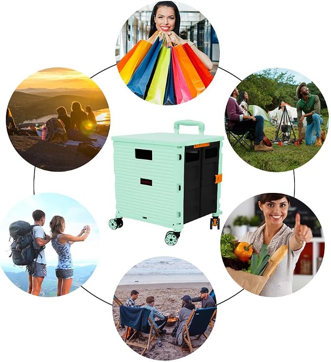 FELICON SELORSS Foldable Utility Cart Folding Portable Rolling Crate-Green | Durable,Heavy Duty,Plastic Box,Telescoping Handle,4 Rotate Wheels,Collapsible Handcart for Travel Shop Move Luggage Office - Image 6