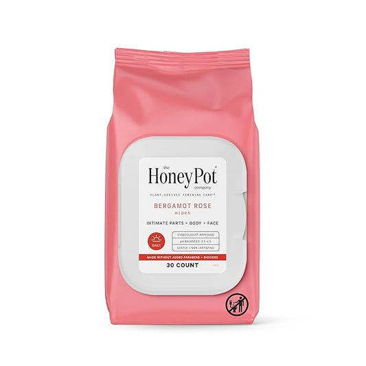 The Honey Pot Company - Feminine Wipes - Daily PH Balancing, Fragrance & Sulfate Free Wipes for Intimate Parts, Body, or Face - Hygiene Products - Bergamot Rose - 30 ct