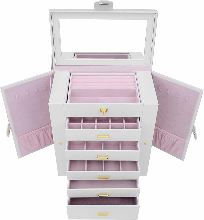 AKOZLIN 6-Tier Jewelry Box Organizer Functional 5 Drawers Leather Jewelry Storage Case for Women Girls Ring Necklace Earring Bracelet Holder Organizer with Mirror Extra Large White - Image 6