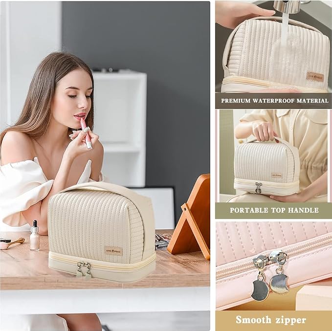 3-Piece Cute Cosmetic Bag Set - Waterproof Leather Makeup & Toiletry Organizer with Handles & Zipper, Travel-Friendly Women's Bags (Off-White) - Image 2