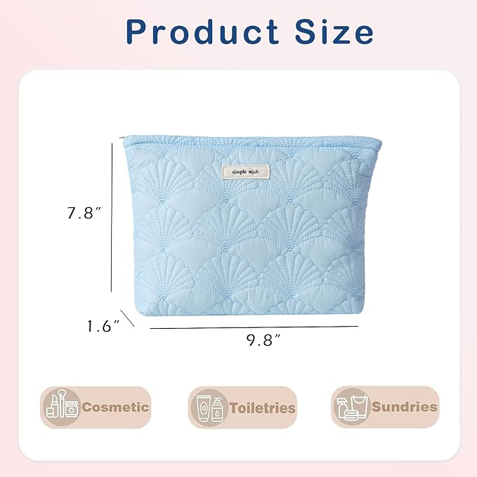 RSRSLEII Quilted Cotton Coquette Makeup bag, Coastal Granddaughter Aesthetic Cosmetic Bag, Cute Seashell Portable Travel Toiletry Pouch (11 Light Blue) - Image 2