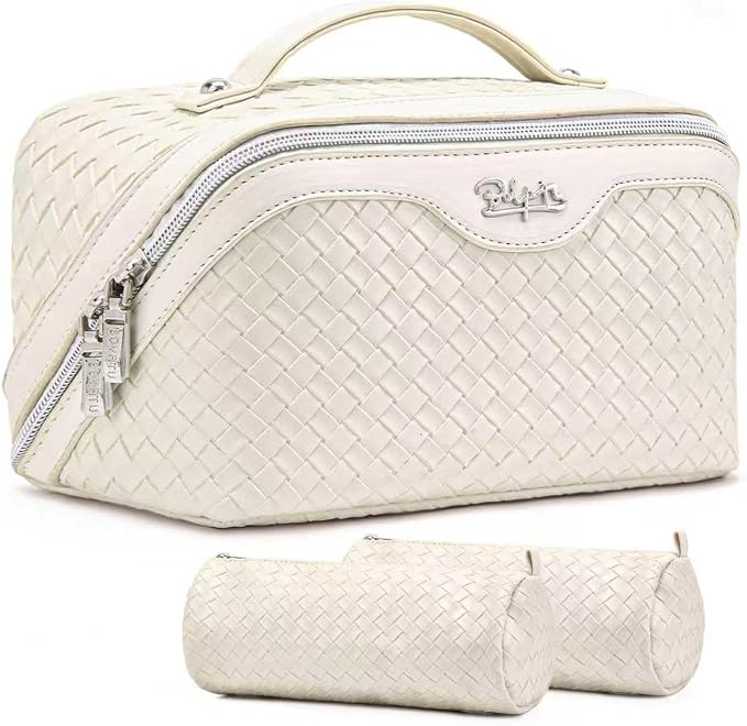 BOYATU Travel Makeup Bag Cosmetic Bags for Women: Large Capacity 3 Pcs Set Make up Bag with Compartments - Waterproof Vegan Leather Toiletry Organizer Bags with Handle (L09 Beige) by BOYATU