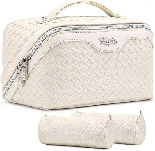 BOYATU Travel Makeup Bag Cosmetic Bags for Women: Large Capacity 3 Pcs Set Make up Bag with Compartments - Waterproof Vegan Leather Toiletry Organizer Bags with Handle (L09 Beige) by BOYATU