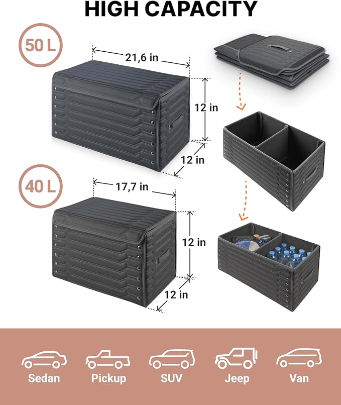 Owleys Car Caddy Organizer Set - 17.7" + 21.6" SUV Trunk Organizer Bundle For Road Trips, Groceries & Tools - Foldable Crates With Magnetic Lids - Stylish Gift For Men - Black Highway - Image 2