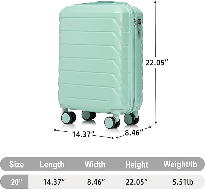 GDFStudio 20" ABS Hardshell Checked Luggage, Medium Capacity Travel Suitcase with Scratch Resistant Surface, 360° Silent Spinner Wheels, Combination Lock, Telescopic Handle and Side Hooks, Mint Green - Image 2