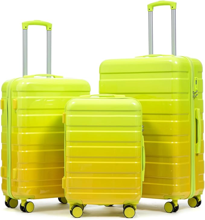 3-Piece Luggage Set 20/24/28’’ Hard-shell with 360° Spinner Wheels, Gradient Color Suitcase with Combination Lock, Lightweight PC Material, (Green+ Yellow) by LUCCALILY