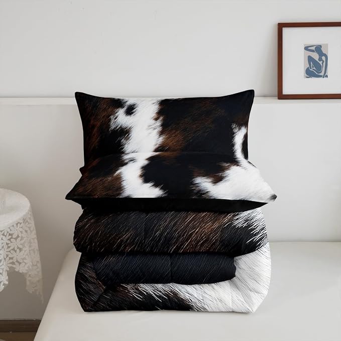 Brown Cowhide Comforter Set King,Black White Aztec Cow Print Bedding Set Western Farmhouse Animal Fur Down Comforter for Kids Boys Girls,Rustic Cowboy Quilt Duvet Set 2 Pillow Cases Bedroom Decor - Image 7