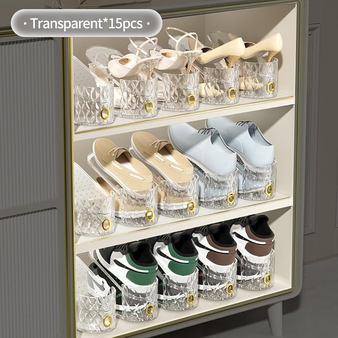 Shoe Slots Organizer, Adjustable 15 Pack Shoe Stacker for Closet Storage, Clear Double Layer Space Saver, Durable and Stackable Shoe Holder for Sneakers Heels and Flat - Image 6