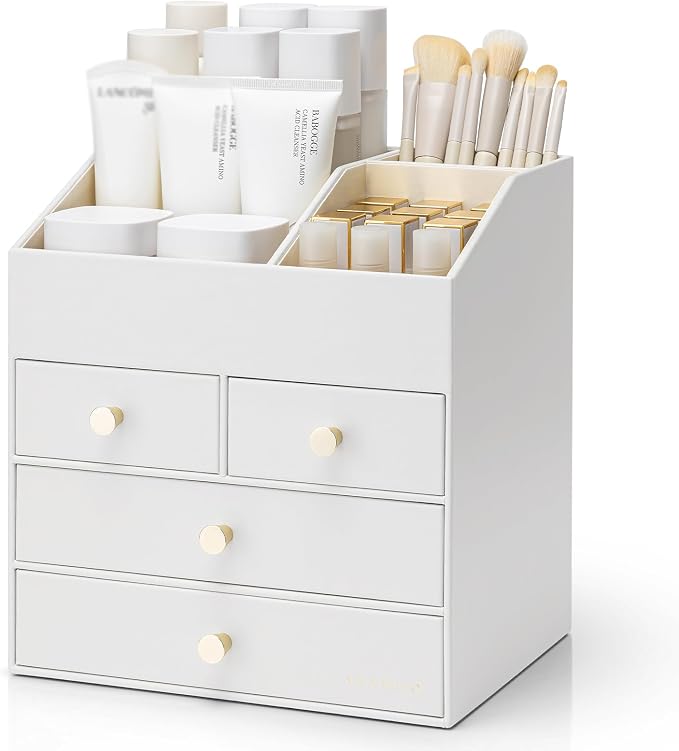 VLANDO Makeup Organizer,Vanity Organizer with Drawers, PU Leather Skincare Organizer Perfume Organizer,Large Cosmetic Display Case for Lipstick,Brushes Gifts for Women, White, 4 Layer by VLANDO