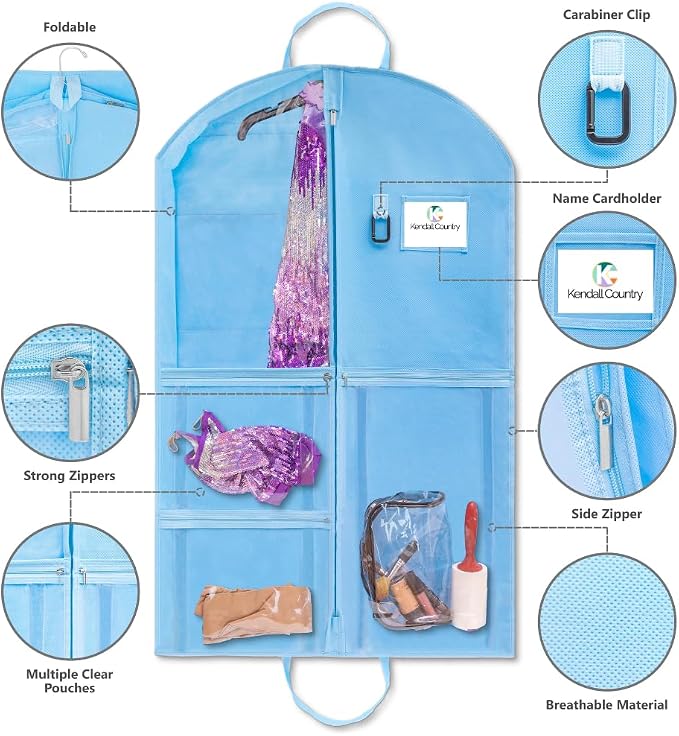 Waterproof Hanging Garment Bag 40 inch Clothes Bag with Gusset, 5 Pockets & Side Zip for Dance Costumes, Sports, Skating, Theatre, Beauty Pageants & More by Kendall Country, Sky Blue - Image 3