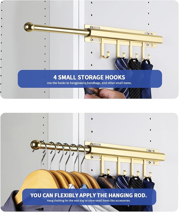 BaiNong Valet Rod for Closets Pull Out 12" Gold with 4 Hooks (2Pack) | Closet Valet Rod Slide Out for Closets, Laundry Rooms, RVs Space-Saving - Image 3