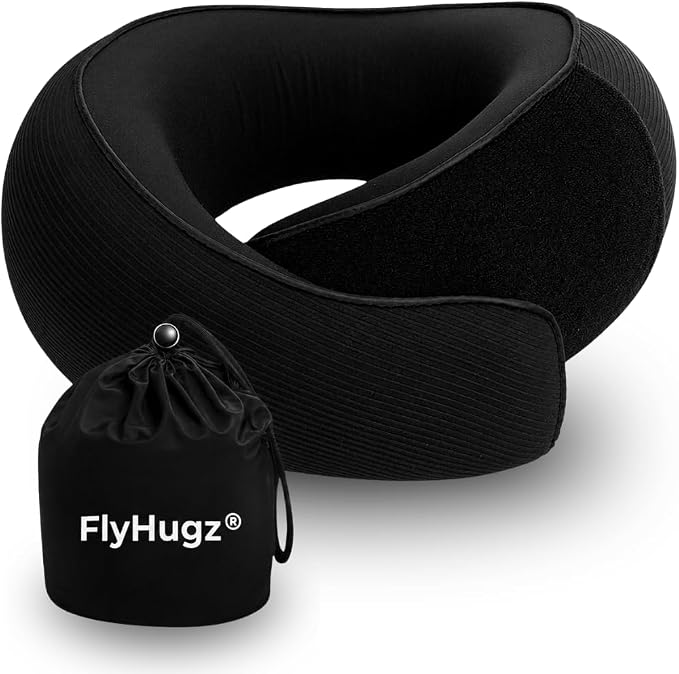 FlyHugz® Neck Travel Pillow Memory Foam Neck Pillow for Comfort on Airplane Compact and Ergonomic Design for Travel, Car Rides, and Home Use Ideal for Adults and Kids. (Midnight Black) by FlyHugz%C2%AE