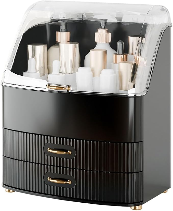 Makeup Organizer Countertop Vanity with Transparent Lid Drawers Waterproof Dustproof Cosmetic Skincare Bathroom Storage Gift for Women Teens Girls (Black) by Unknown