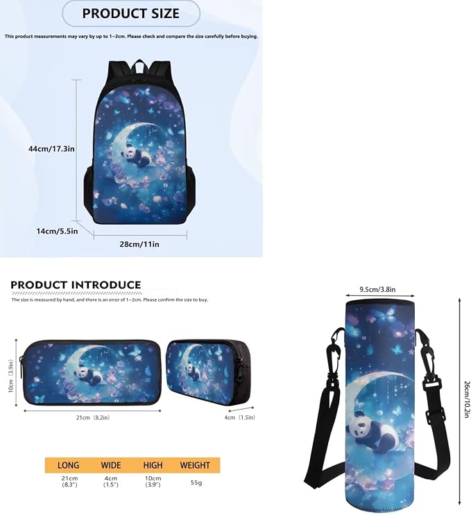 Girls Panda Moon Backpack Set of Thermal Lunch Box Pencil Box Water Bottle Holder, Lightweight 4 in 1 School Book Bag, Kids Daypack Everyday Pack for School - Image 7