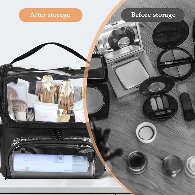 Zibuyu® Makeup Brush Case Clear Waterproof Makeup Organizer Bag with Adjustable Dividers, Multi-Pocket Transparent Vanity Bag for Travel, Artists & Daily Storage, with Handle & Shoulder Strap, Black - Image 7