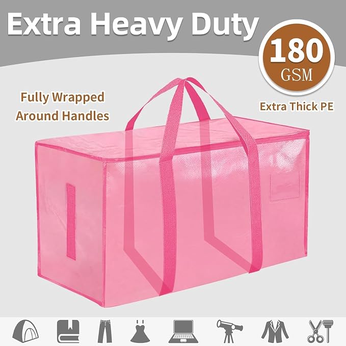 Extra Large Heavy Duty Moving Bags - Waterproof Storage Totes with Reinforced Handles & Zippers, Foldable for College Dorm Essentials, Clothes Storage & Travel (4-Pack Pink) - Image 2