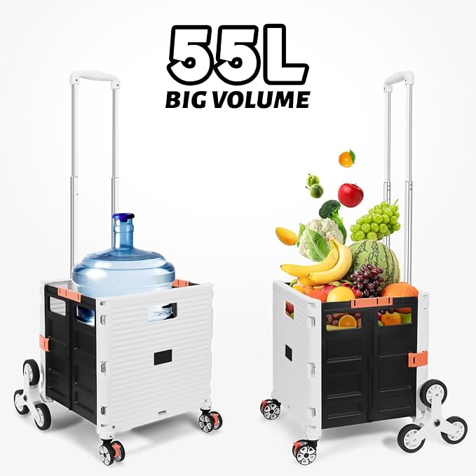 FELICON SELORSS Folding Utility Climber Cart Portable Rolling Crate-White | Stair Climbing Wheels+360°Swivel Wheels,Telescoping Handle,Plastic Box Dolly for Travel Shop Move Laundry Office Teacher Use - Image 6