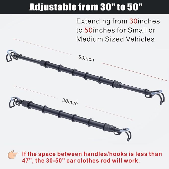 Car Clothes Hanger Bar Adjustable Garment Rack 30''-50'' Heavy-Duty Hanger Rod for Small or Medium Vehicles Travel Closet Black Metal Pole for Auto Clothing Organizers & Storage (Hold up to 120lbs) - Image 2