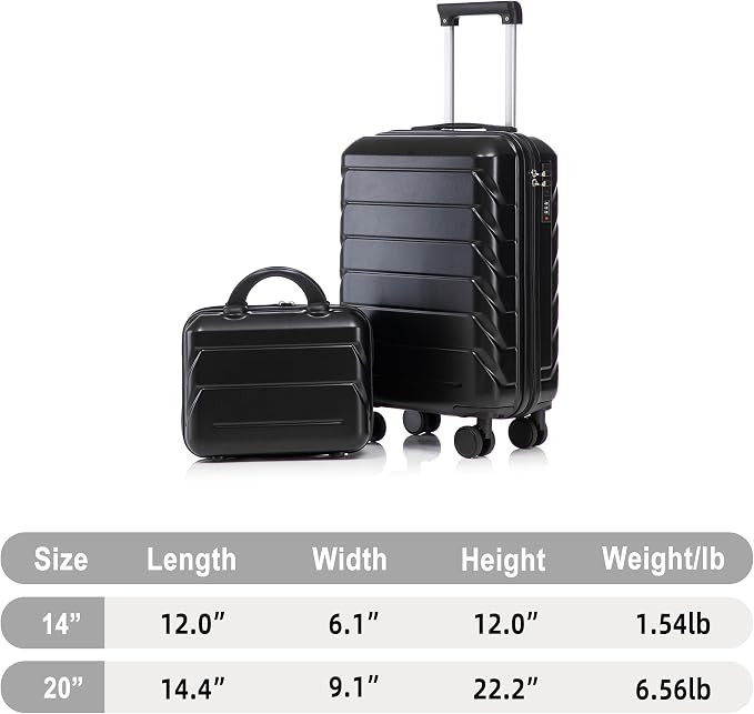 Gradient Color Suitcase 2-Piece Set, 20" Rotating Wheel Suitcase with 14" Cosmetic Case, Lightweight Durable Hardshell Luggage with 360° Spinner Wheels for Travel, Women & Girls (Black-1) - Image 8