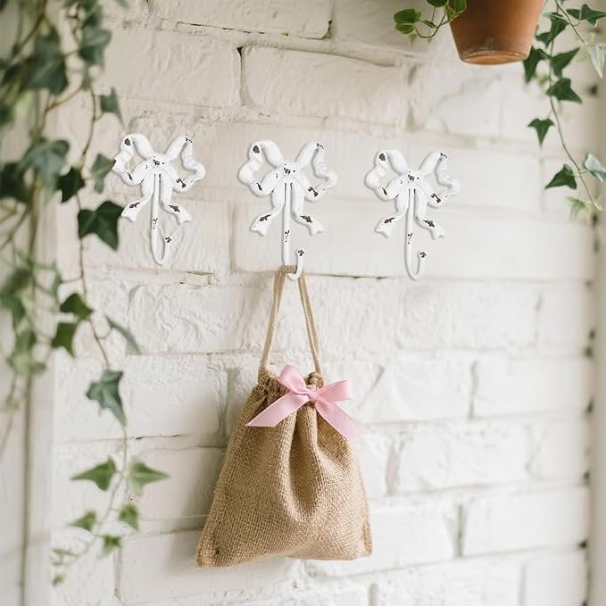 Cast Iron Shabby Chic Wall Mounted Bow Hook,Decorative Coat Hook for Scarf, Bag, Towel, Hat etc for Living Room Kitchen Bathroom Office Pack of 3 (Pack of 3(White)) - Image 6