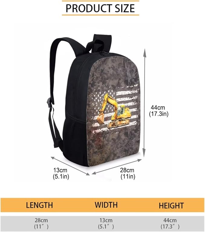 Excavator American Flag Print Schoolbag Set for Boys and Girls Back to School Supplies, Kids Backpack Set with Reusable Lunch Box Pen Bag, Durable Lightweight Daypack Set, Gray - Image 2
