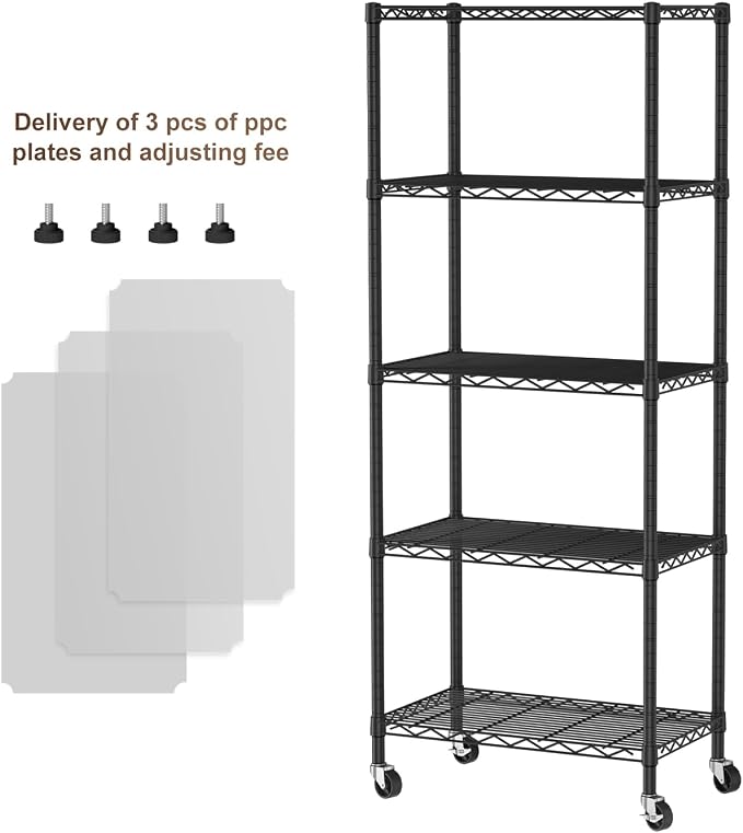 Golpart 5 Tier Shelves Storage Shelf Wire Closet Bathroom Organizers Metal Pantry Kitchen Garage Shelving Unit Laundry Room Organization Home Rack Net Basket Black with Wheels 14”D X 24”W X 61.2”H - Image 4