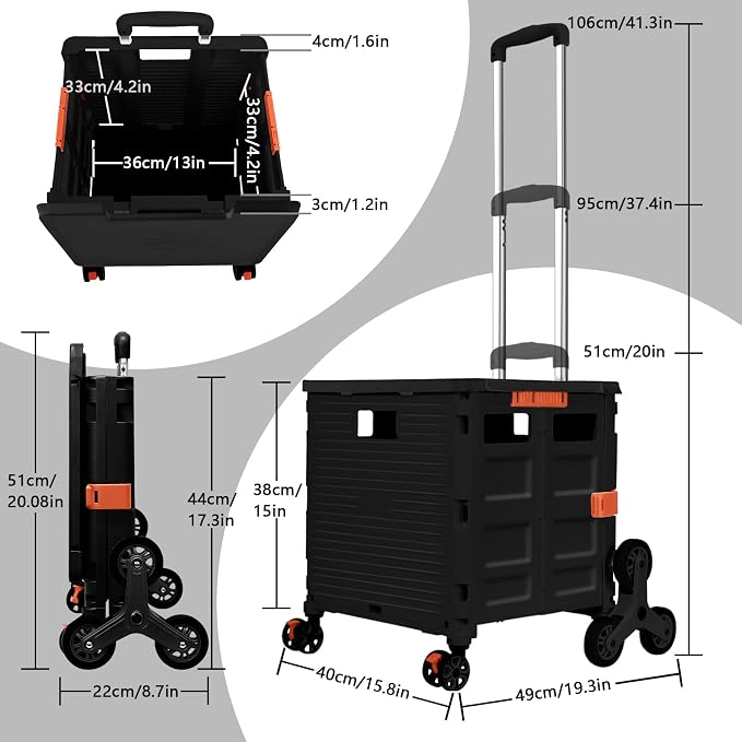 Foldable Utility Cart Portable Crate Rolling Dolly with Telescopic Handle,Can be Pulled diagonally, Magnetic Retractable Lid, 360°Swivel Climbing Wheels for Shopping Carrying Groceries Move Black - Image 9