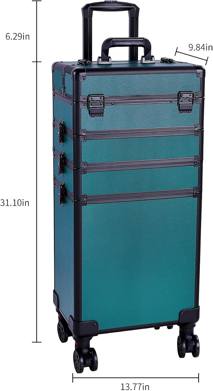 Karl home 4 in 1 Makeup Train Case Rolling Cosmetic Trolley Large Capacity Travel Organizer with Key 360°Swivel Wheels Suitcase for Beauticians Hairstylists Nail Tech Students,Dark Green - Image 5