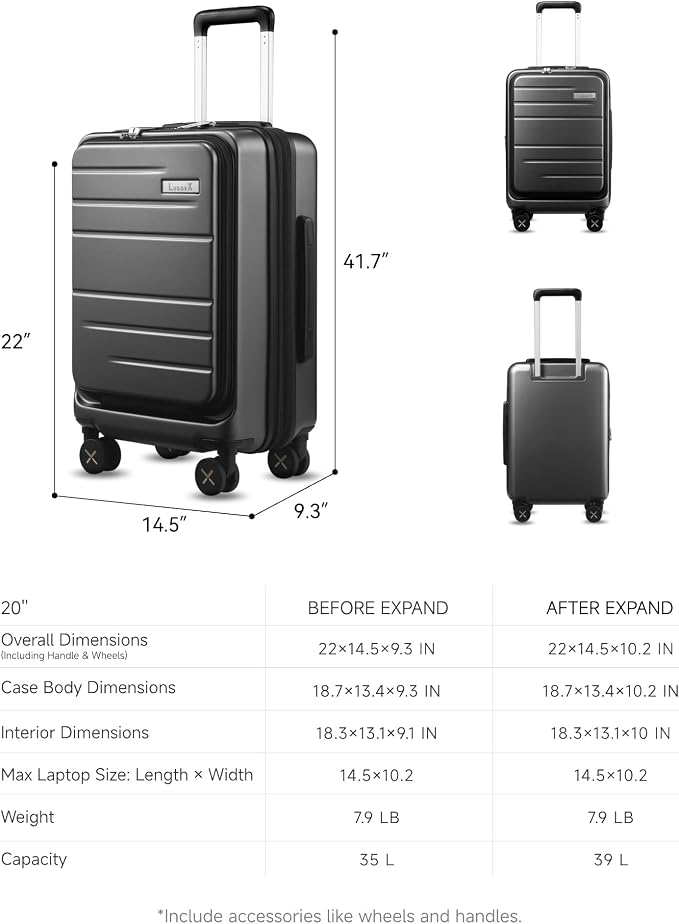 LUGGEX Carry On Luggage Front Opening 22x14x9 Airline Approved, Expandable Polycarbonate Suitcase with Front Pocket (Charcoal Metallic, 20 Inch) - Image 9