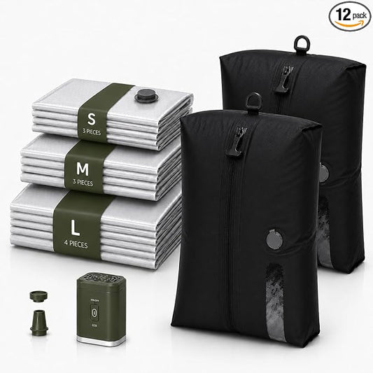 12 Pack Travel Vacuum Bags with Rechargeable Pump, 10 Clear PA and PE Compression Bags and 2 Black 18L TPU Pouches, Vacuum Seal Bags for Clothes, Luggage, Suitcase and Closet Storage by Unknown