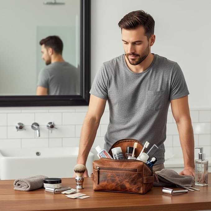 (7.5 inch Small) Real Full Grain Leather Toiletry Bag for Men, Dopp kit with Waterproof Lining, Toiletries Organizer, Grooming Travel Bag Pouch, Bathroom Shaving Kit Zipper Bag - Image 4