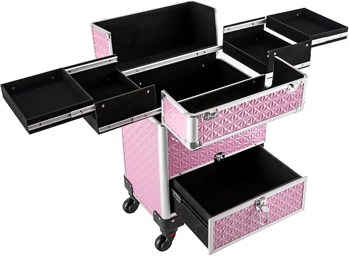 Rolling Makeup Case Cosmetic Train Cases 4 Tray with Sliding Rail Rolling Makeup Cart Cosmetic Trolley 3 Tier Travel Case Salon Barber Case for Makeup Tattooist Nail Tech Hairstylists by Titunjian