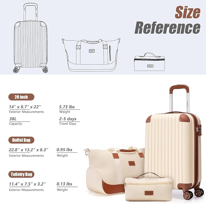 Cosbarn Carry On Luggage Sets 3 Piece, 20 Inch Luggage 22x14x9 Airline Approved with Wheels and TSA Lock, ABS Lightweight Hardshell Travel Suitcase Set with Duffel Bag Travel Bag for Men Women - Image 8