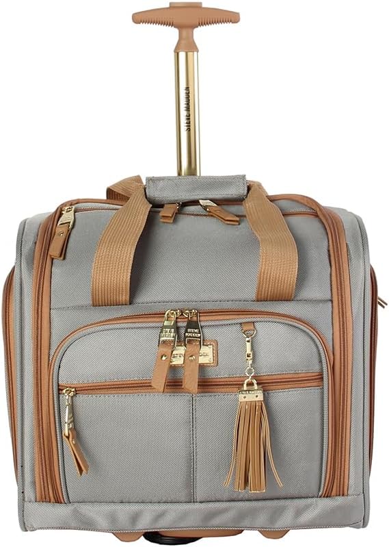 Steve Madden Designer 15 Inch Carry on Suitcase- Small Weekender Overnight Business Travel Luggage- Lightweight 2- Rolling Spinner Wheels Under Seat Bag for Women (Harlo Gray) by STEVEMADDEN
