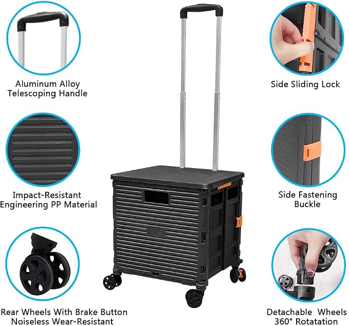 Foldable Utility Cart Portable Rolling Crate Handcart Shopping Trolley Collapsible 4 Rotate Wheels with Durable Heavy Duty Plastic Telescoping Handle for Travel Shopping Moving Storage Office Use - Image 7