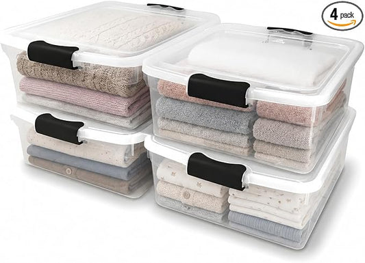 HOMZ 4-Pack 15.5 Quart Latching Lid, Clear Plastic Storage Organizer Bins, Gray – Stackable Containers for Home & Office Shelves, Kitchen, Garage, and Bathroom Organization by Homz