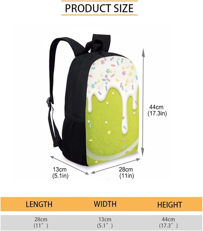 Tennis Drip Sprinkle Ice Cream Print Durable Schoolbag Set for Boys, Large Lightweight Backpack Set with Reusable Lunch Bag Pen Bag for Teenager Girls School Bookbag Set, Green - Image 2
