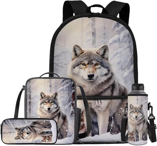 Wolf Backpack for Girls Boys Backpack with Lunch Box Water Bottle Holder and Soft Pencil Case 4PCS Bookbag with Front Pocket for School 17 inch Sturdy School Bag with Side Pocket for Kids by ELEDIZI