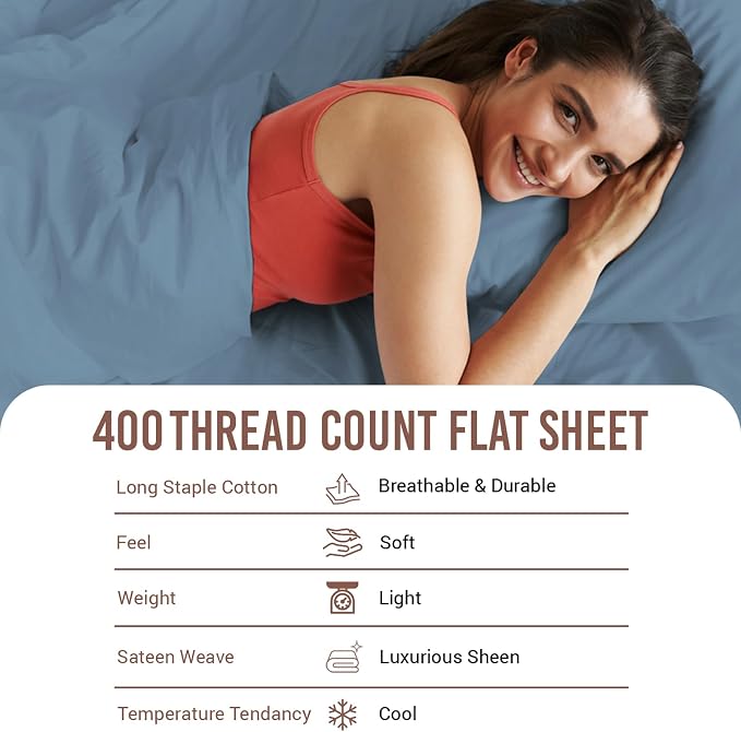 Pizuna Pure 100% Cotton Flat Sheets Only King Dusty Blue (1 PC), Luxurious 400 Thread Count Long Staple Cotton Sateen with 4" Hem (Combed King Flat Sheet Only Cotton) - Image 4