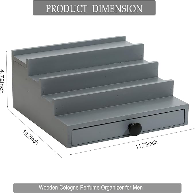 4 Tier Men's Cologne Organizer, Gray Wooden Display Stand with Drawer | Tiered Cologne Display Shelf, Rack and Tray, Drawer Storage, Countertop Dresser Organizer, Mens Room Decor, Gift for Men - Image 5