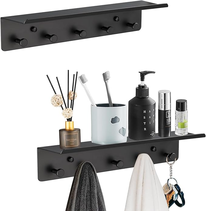Towel Rack with Shelf Wall Mounted, Set of 2 Aluminum Bath Robe Hook, Outdoor Pool Holder or Bathroom Hot Tub Accessories, Metal Bathtub Hanger, Decor Display Storage for Hat Clothes Key Bag by SIMVE