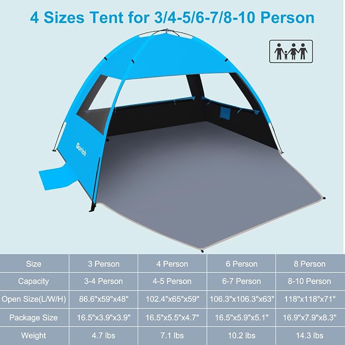 Gorich Beach Tent Sun Shelter for 3/4/6/8/10 Person with UPF 50＋ UV Protection, Lightweight & Easy Setup Beach Shade Canopy, Portable Beach Shade Tent Beach Cabana - Image 2